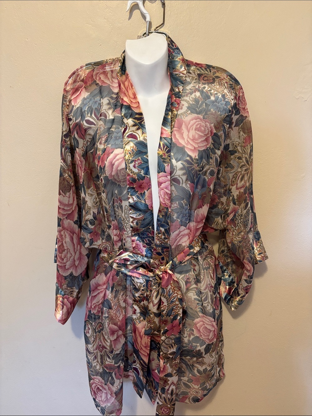 Victoria's Secret Floral Satin Kimono Robe in Pink and Blue